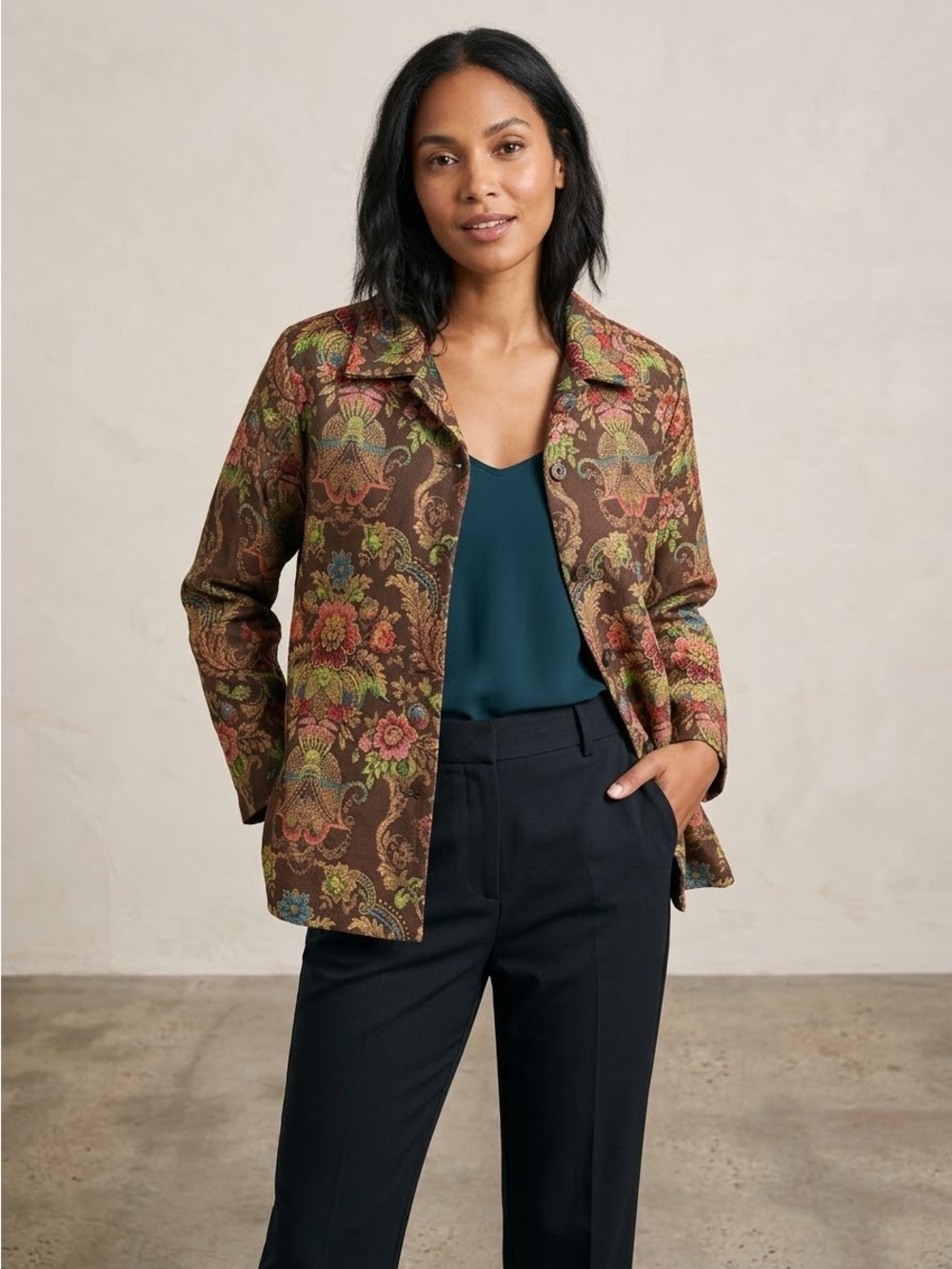 Bon Worth Floral Tapestry Button Front Indoor Blazer Jacket Small NWOT Brown